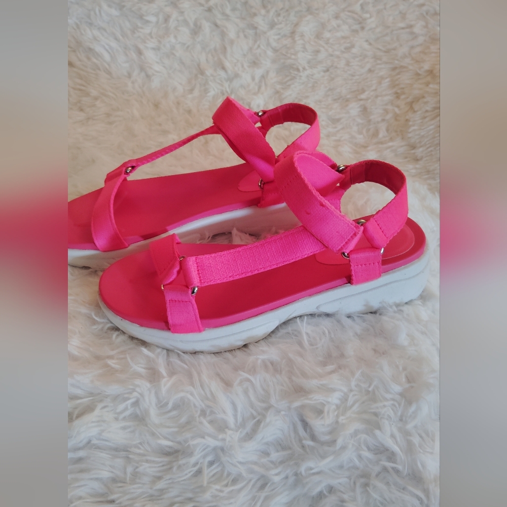 Women Neon Pink Bamboo Velcro Ankle Strap Open Toe Summer Shoe Sandel SZ 9